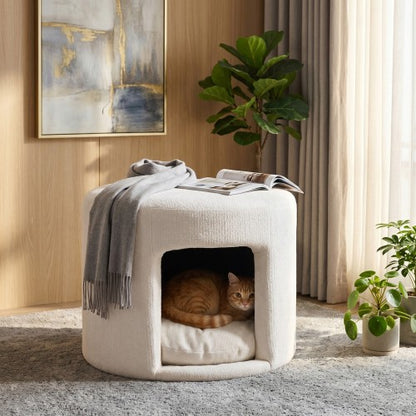 23.6 inch Round Beige Pet-Friendly Ottoman with Hidden Pet Nook, Acacia Legs, 220 LBS Weight Capacity