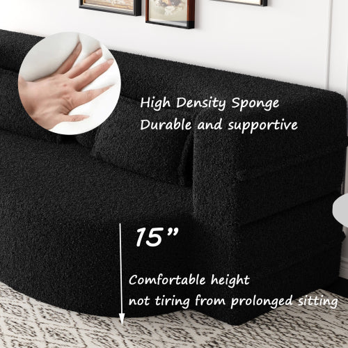 Black Convertible Sherpa-Fleece Full-Size Floor Sofa-Bed 15 inch  Height with 2 Pillows No-Assembly