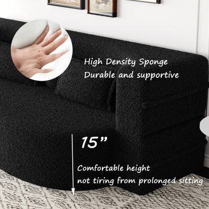 Black Convertible Sherpa-Fleece Full-Size Floor Sofa-Bed 15 inch  Height with 2 Pillows No-Assembly