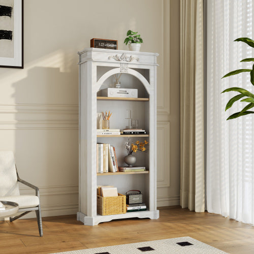 65-Inch Antique White 4-Tier Tall Bookcase for Living Room Office