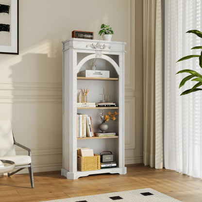 65-Inch Antique White 4-Tier Tall Bookcase for Living Room Office