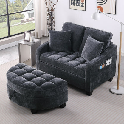 Black 2-Seater Irregular Curved Sofa Chaise, Storage Footrest,2 Throw Pillows