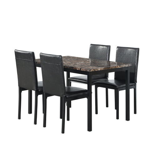 5-Piece Black Metal Dining Set, Faux Marble Top Table & 4 Dark Brown Faux Leather Chairs