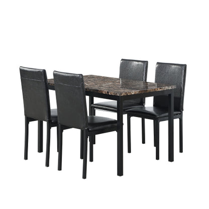 5-Piece Black Metal Dining Set, Faux Marble Top Table & 4 Dark Brown Faux Leather Chairs
