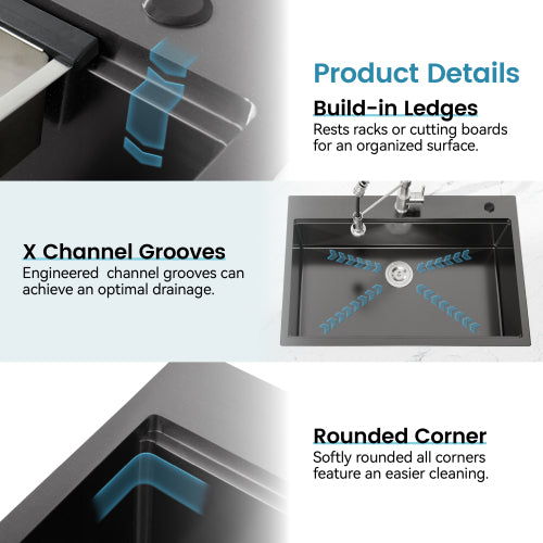 Stainless Steel Kitchen Sink, 33″x22″ Single Bowl, Overmount Handmade Sink in Black, with Cutting Board, Colander