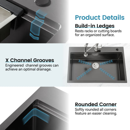 Stainless Steel Kitchen Sink, 33″x22″ Single Bowl, Overmount Handmade Sink in Black, with Cutting Board, Colander