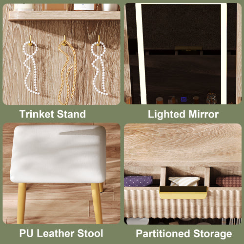 7-Drawer White Vanity Desk with LED Mirror & Carved Details, Fluted Makeup Table, Metal Legs, PU Stool & Jewelry Storage