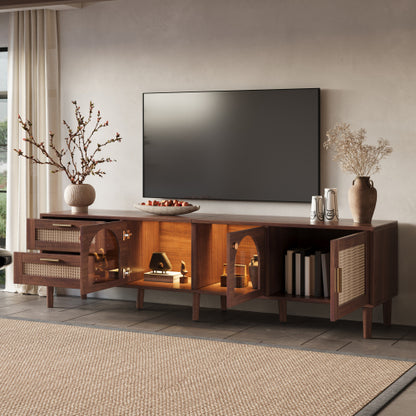Rattan TV Stand with Drawers Glass Doors and LED Lights for 80 Inch TVs