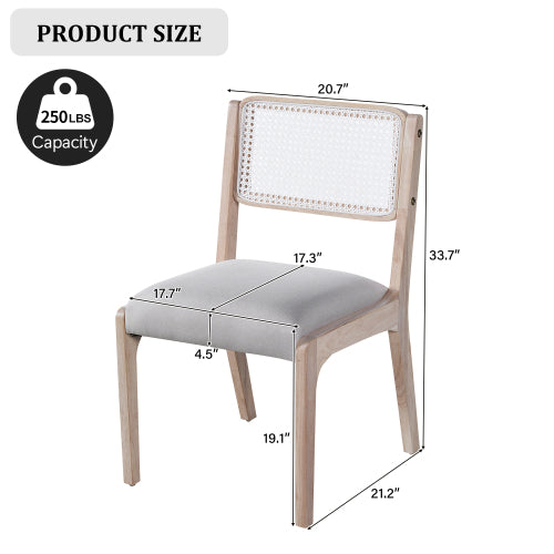 Set of 2 Beige Modern Farmhouse Linen Dining Chairs, Rattan Back Solid Rubberwood Padded Side Chairs