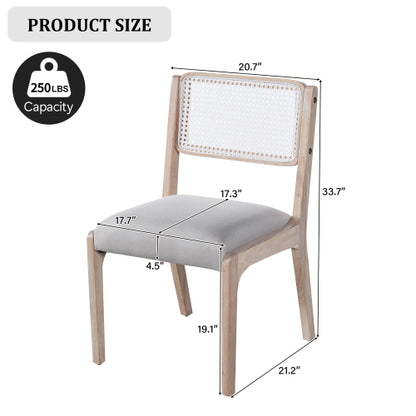 Set of 2 Beige Modern Farmhouse Linen Dining Chairs, Rattan Back Solid Rubberwood Padded Side Chairs