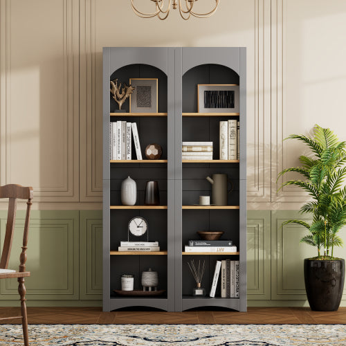 72''H Grey Farmhouse 5-Tier Combined Bookshelf Adjustable Shelf Home Pantry Storage Cabinet Set