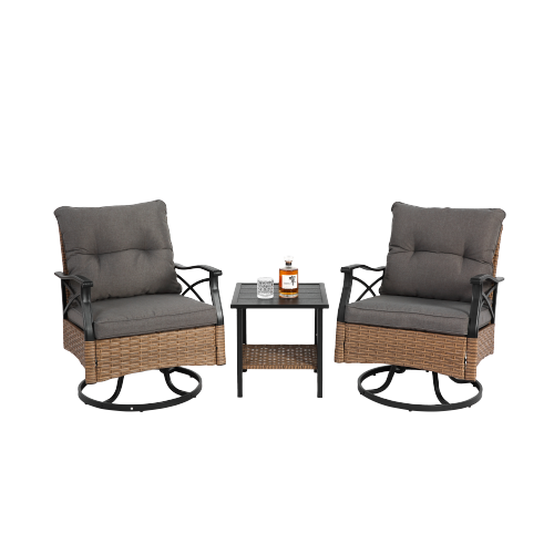 Outdoor Swivel Rocker Chairs Set 3 Piece with 1 Table and 2 Rocking & Swivel Chairs Support 350lbs Brown Wicker Outdoor Furniture Patio Conversation Set
