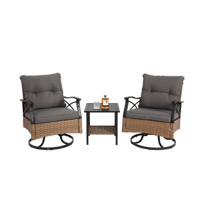 Outdoor Swivel Rocker Chairs Set 3 Piece with 1 Table and 2 Rocking & Swivel Chairs Support 350lbs Brown Wicker Outdoor Furniture Patio Conversation Set