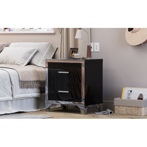 High Gloss Mirrored Nightstand with 2 Drawers,Modern End Table with Drawers,Mirrored High Gloss Wood Nightstand Metal Handle Bedside End Table for Bedroom, Dorm,Living Room,Black