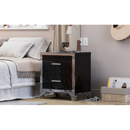 High Gloss Mirrored Nightstand with 2 Drawers,Modern End Table with Drawers,Mirrored High Gloss Wood Nightstand Metal Handle Bedside End Table for Bedroom, Dorm,Living Room,Black