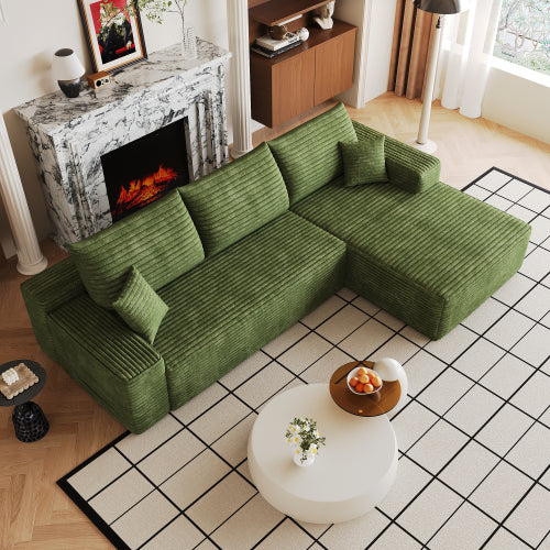 107 inch  Green Plush Corduroy L-Shape Chaise Cloud Modular Sofa, No Assembly