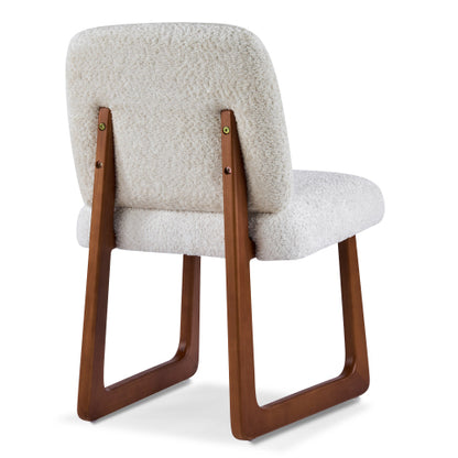Set of 2 Beige Boucle Fabric Dining Chairs, Curved Wood Leg Multi-Material Frame 300lbs Capacity