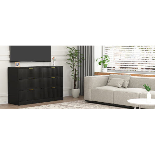 Modern 6-Drawer Dresser, Chest of Drawers for Bedroom, Living Room, Hallway, and Entryway - Large Storage Cabinet, Black,Drawer panel with wavy patterns