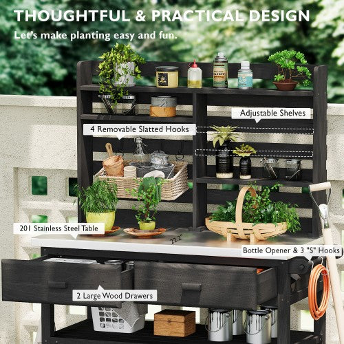 K&K 64.9"H Outdoor Potting Bench Table with Lockable Wheels, Solid Wood Outdoor Kitchen Island with Upper Hutch, Stainless Steel Top, Towel Rack ,Outdoor Storage for Grilling, Lawn Garden -Black