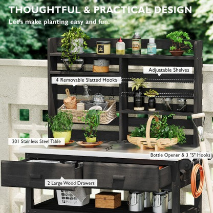 K&K 64.9"H Outdoor Potting Bench Table with Lockable Wheels, Solid Wood Outdoor Kitchen Island with Upper Hutch, Stainless Steel Top, Towel Rack ,Outdoor Storage for Grilling, Lawn Garden -Black