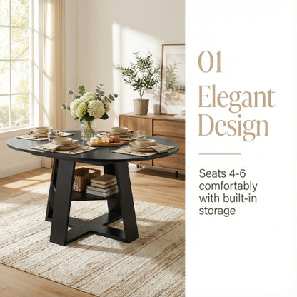 Extendable Round Dining Table for 4-8, Modern Oval Kitchen Table with Storage Shelf, Black