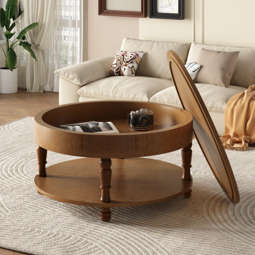 31.5inch  Round Flip-Top Coffee Table with Dual Storage, Walnut
