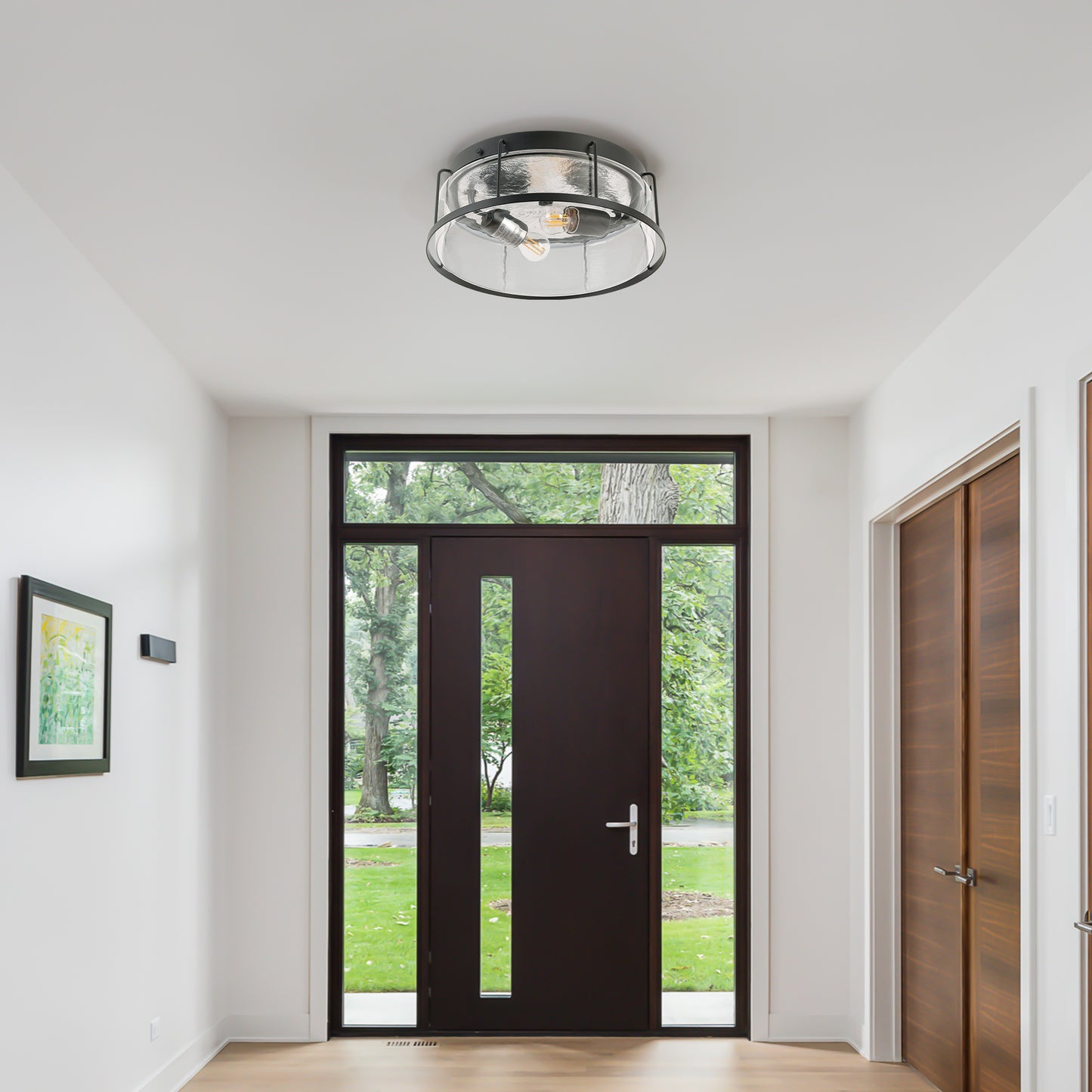 2-Light flush mount Indoor drum shape Matte Black + Clear Glass Ceiling Light