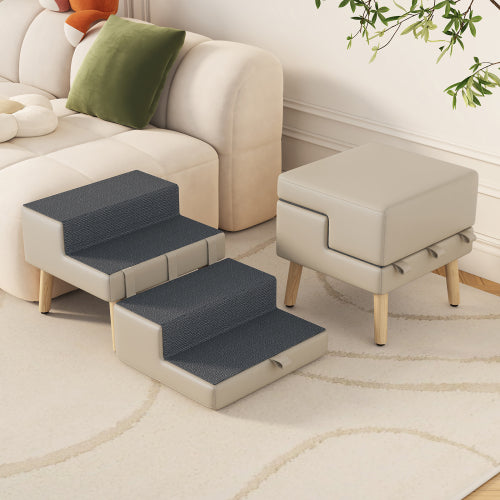 Light Grey 2-in-1 Foldable Wooden Pet Ottoman Dog Stairs, Anti-Slip Pet Ramp for Puppies & Small Dogs