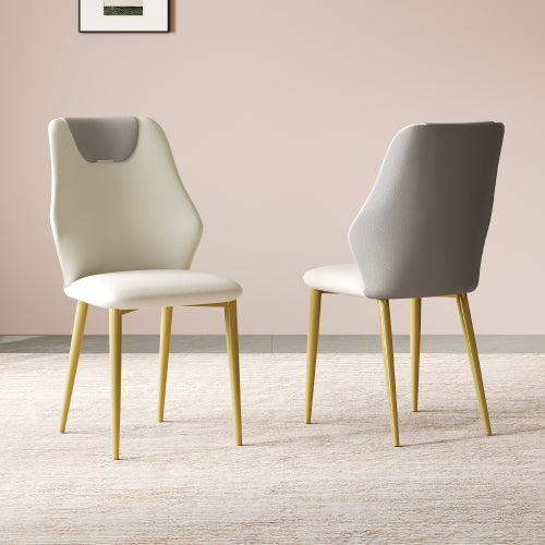Set of 2 Miller White & Gray PU Dining Chairs, Gold-Plated Carbon Steel Leg 330lbs Weight Capacity