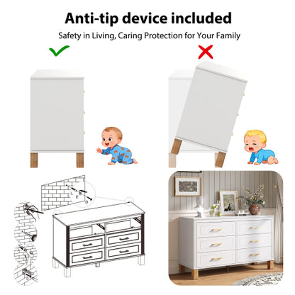 White 6 Drawer Double Dresser Modern Storage Cabinet with Metal Handles Solid Wood Legs