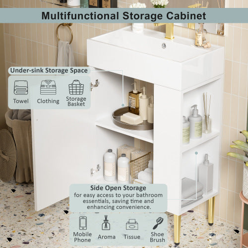21.6" White Bathroom vanity, Combo Cabinet, Bathroom Storage Cabinet, Single Ceramic Sink, Right Side Storage