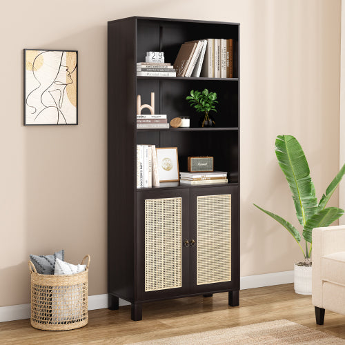 Walnut Tall 5-Tier Bookshelf With Rattan Closed Doors Large-Capacity Wooden Home Library Storage Bookcase