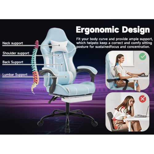 Gaming chair, Computer Chair Ergonomic Chair with Footrest Office Chair Ergonomic Computer Chair with Lumbar Backrest Bluewhite