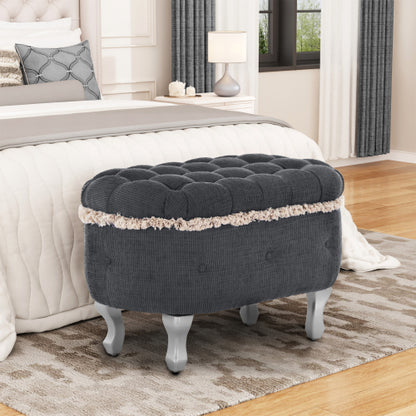 Grey Fringed Button Tufted Storage Ottoman Bench, 29.5 Inch End of Bed Shoe Stool for Bedroom Entryway