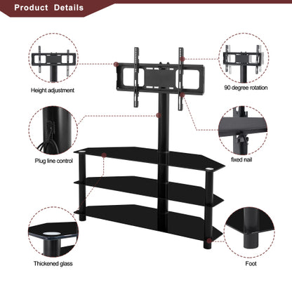 43.3 Inch Black 3-Tier Tempered Glass Swivel TV Stand, Height Adjustable Mount for 32-65 Inch TV