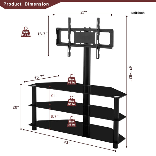 43.3 Inch Black 3-Tier Tempered Glass Swivel TV Stand, Height Adjustable Mount for 32-65 Inch TV