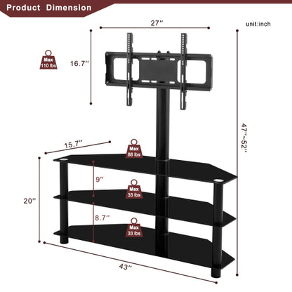 43.3 Inch Black 3-Tier Tempered Glass Swivel TV Stand, Height Adjustable Mount for 32-65 Inch TV
