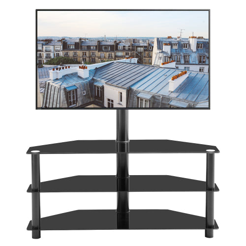 43.3 Inch Black 3-Tier Tempered Glass Swivel TV Stand, Height Adjustable Mount for 32-65 Inch TV