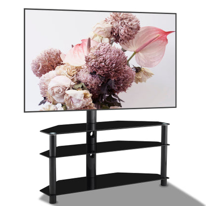 35.4 Inch Black 3-Tier Tempered Glass TV Stand, Swivel Height Adjustable Bracket for 32-65 Inch TV