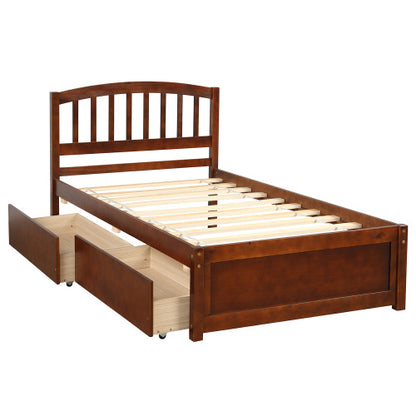 Twin Platform Storage Bed Wood Bed Frame with Two Drawers and Headboard, Walnut
