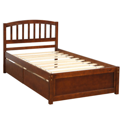 Twin Platform Storage Bed Wood Bed Frame with Two Drawers and Headboard, Walnut