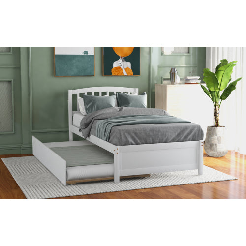 Twin size Platform Bed Wood Bed Frame with Trundle, White