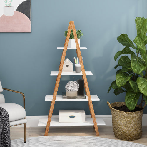 A-frame Solid Bamboo Ladder Bookshelf 4 Tier Open Display Storage Rack For Home Office