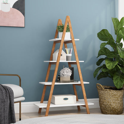 A-frame Solid Bamboo Ladder Bookshelf 4 Tier Open Display Storage Rack For Home Office