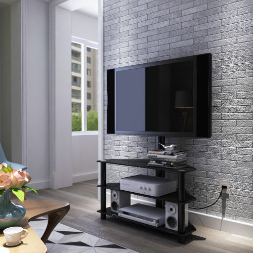 43.3 Inch Black 3-Tier Tempered Glass Swivel TV Stand, Height Adjustable Mount for 32-65 Inch TV