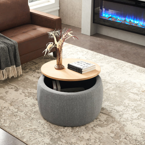 Dark Grey Round Linen Storage Ottoman, 2-in-1 Multi-Functional Footrest & End Table, 25.5 inch x25.5 inch x14.5 inch