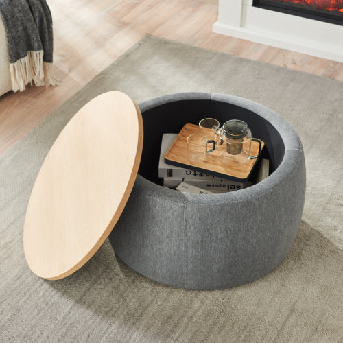 Dark Grey Round Linen Storage Ottoman, 2-in-1 Multi-Functional Footrest & End Table, 25.5 inch x25.5 inch x14.5 inch