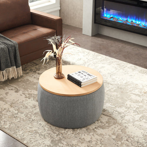 Dark Grey Round Linen Storage Ottoman, 2-in-1 Multi-Functional Footrest & End Table, 25.5 inch x25.5 inch x14.5 inch