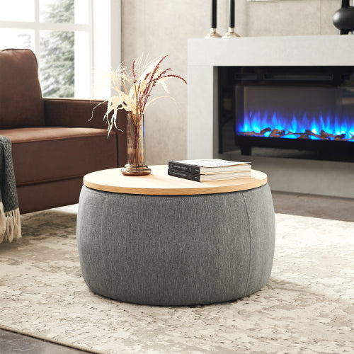 Dark Grey Round Linen Storage Ottoman, 2-in-1 Multi-Functional Footrest & End Table, 25.5 inch x25.5 inch x14.5 inch