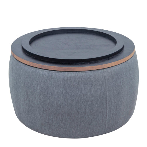 Dark Grey Round Linen Storage Ottoman, 2-in-1 Multi-Functional Footrest & End Table, 25.5 inch x25.5 inch x14.5 inch